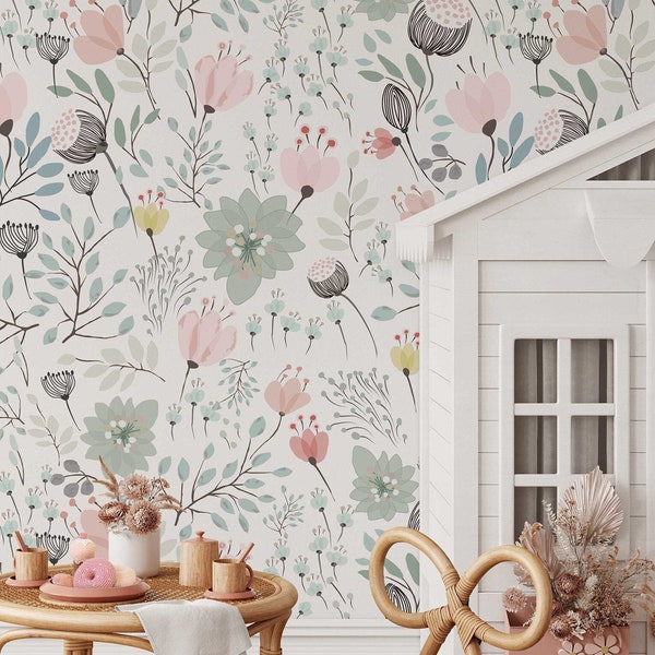 Pastel Floral Wallpaper | Removable Self Adhesive Botanical Wallpaper | Floral Peel and Stick or Pre-Pasted Wallpaper