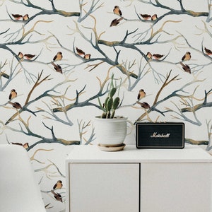 Carta da parati rimovibile con uccelli e alberi ad acquerello – Motivo naturale n. 191 per la decorazione di cameretta, camera da letto e soggiorno