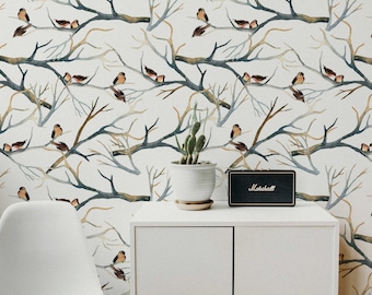 Abnehmbare Tapete des Baum-Vogel-Aquarells: Natur inspiriert