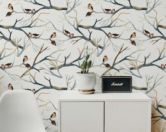 Watercolor Tree Birds | Removable Wallpaper | Pattern #191