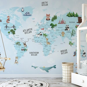 Blaue Weltkarte Tapete für Kinderzimmer, Illustrierte Wandkunst Design, Kinderzimmer Dekor, Lernwanddeko #13