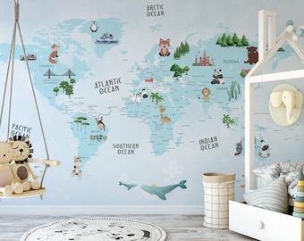 Blue World Map Wallpaper, Wall Cover, Design, Nursery, Illustration, Wall Art #13