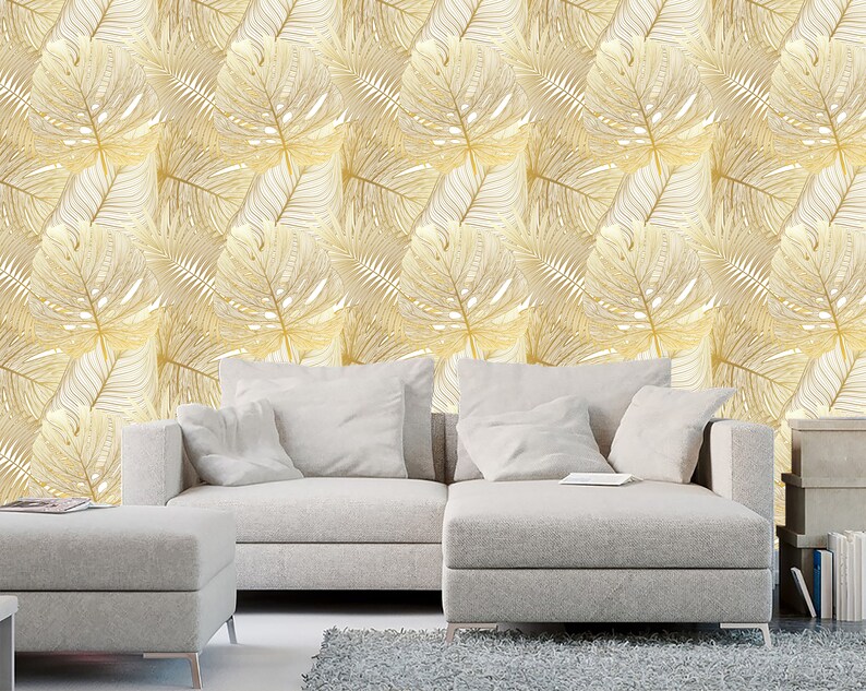 Tropical leaf palm Peel and stick Removable wallpaper Gold | Etsy