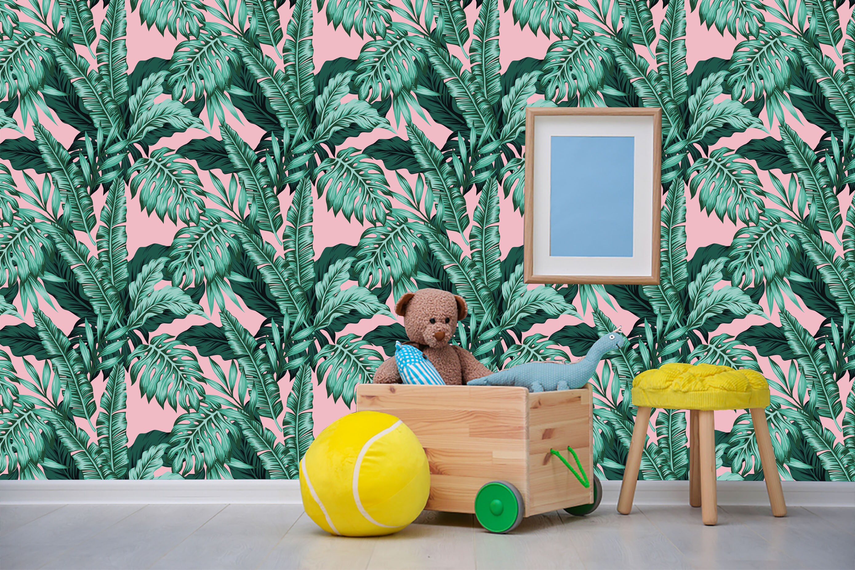 Tropical green leaves with pink background, Green Home Decor, Peel and Stick, Removable wallpaper, Floral Wallpaper, Botanical Decor