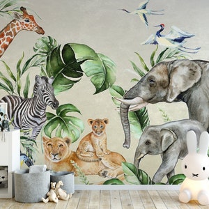 SAFARI wallpaper for children / Kids Safari Jungle Animals Wallpaper, Nursery, Illustration, Watercolor, Wall Art, Wall Cover #2