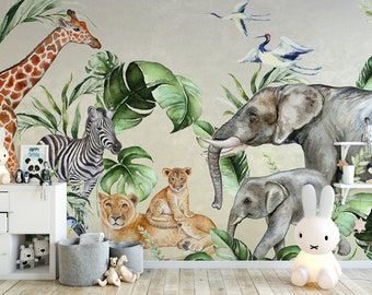 Papier peint SAFARI pour enfants / Papier peint enfants Safari animaux de la jungle, chambre de bébé, illustration, aquarelle, art mural, couverture murale #2