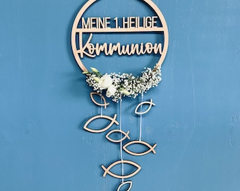 Cartello in legno La mia prima comunione Cartello decorativo in legno con anello - ora nuovo con 7 pesci simbolici inclusi - anche PERSONALIZZABILE con il nome