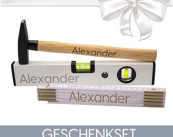 Gift set of hammer, ruler and spirit level with name