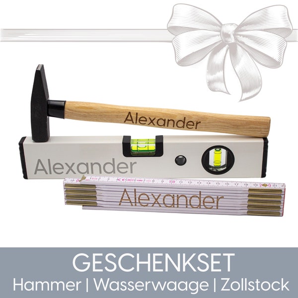 Geschenk Set Hammer-Zollstock-Wasserwaage mit Name