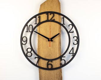 DESIGN wall clock made of old oak wood with wooden numerals