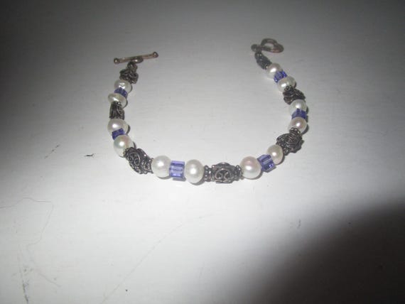 Vintage Designer Saki Sterling Silver & Real Pearl Bracelet
