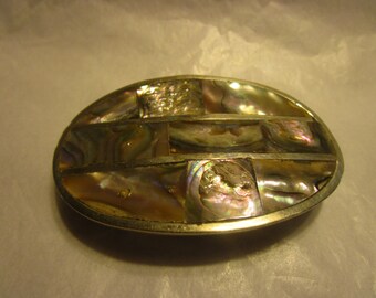 Vintage Mexico Silver & Inlaid Abalone Fancy Belt Buckle