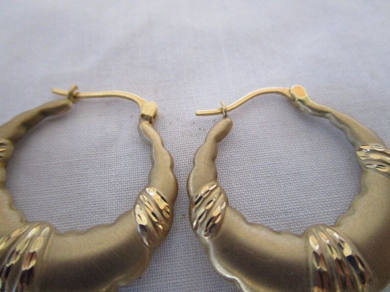 Vintage 14K Brushed Yellow Gold Fancy Hoop Pierced Earrings