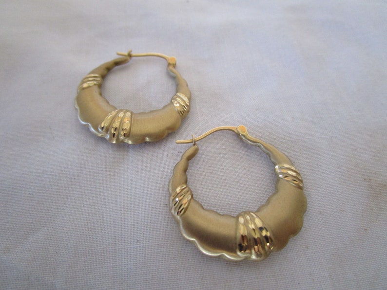 Vintage 14K Brushed Yellow Gold Fancy Hoop Pierced Earrings