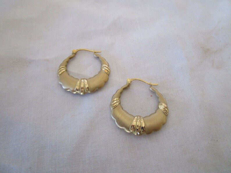 Vintage 14K Brushed Yellow Gold Fancy Hoop Pierced Earrings