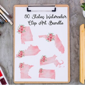 Imágenes prediseñadas de acuarela de mapa de EE. UU., paquete de imágenes prediseñadas de acuarela de 50 estados, sublimación de acuarela de estados