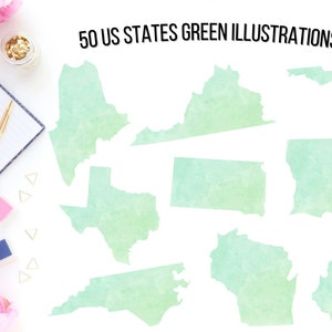 Imágenes prediseñadas de acuarela de mapa de EE. UU., paquete de imágenes prediseñadas de acuarela de 50 estados, paquete de sublimación de acuarela de estados
