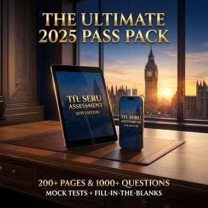 Könnte beinhalten: Ein Tablet und ein Smartphone mit der Aufschrift "TfL SERU ASSESSMENT 2025 EDITION" auf einem Holzschreibtisch. Der Text "THE ULTIMATE 2025 PASS PACK" steht oben. Das Bild enthält auch den Text "200+ PAGES & 1000+ QUESTIONS MOCK TESTS + FILL-IN-THE-BLANKS".