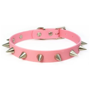 Baby Pink Vegan Leather Spiked Collar: Punk Goth BioThane Choker