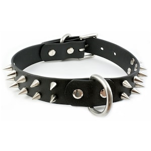 Schwarzes Vegan Leder zweireihiges konisches Spike Halsband mit D-Ring