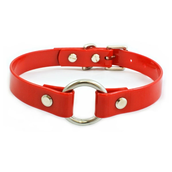 Red Patent Style Vegan Leather Single O-Ring Collar