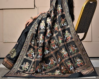 Utshav celebration hand woven and hand painted multicoloured pure silk black saree with golden border