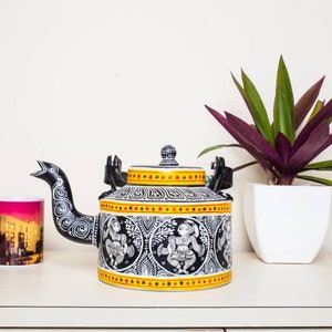 Unique vintage Monochrome black and white Handpainted Indian Pattachitra Kettle teapot for home decor tea party table centerpiece