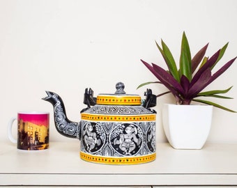 Unique vintage Monochrome black and white Handpainted Indian Pattachitra Kettle teapot for home decor tea party table centerpiece