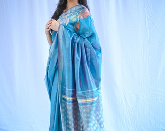 Pushpa handwoven and hand painted pure tassar metallic blue silk saree