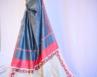 Matsya handwoven and handpainted pure tassar metallic grey silk saree