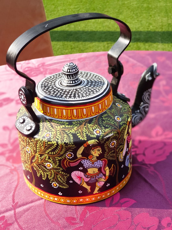 Black Leaf Pattachitra Woman Handpainted Kettle Black Leaf Pattachitra Woman Handpainted Kettle