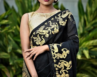 Mruga O Nartaki handwoven and hand painted pure silk Black golden saree