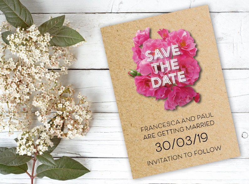 Pink flowers kraft paper save the date cards Foiling available