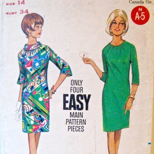 Vintage Butterick 60s 1960s EASY Sewing Pattern 4312 sz 14 Modern Size 2 4 Bust 34&quot; Misses Mod Knee Length Mini Dress Shift 3/4 Bell Sleeves