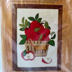 Vintage 1974 70s Caron Hallmark Design Collection Crewel Embroidery Complete Kit 6418 Unopened Bucket of Apples Fall Autumn Decor Needlework