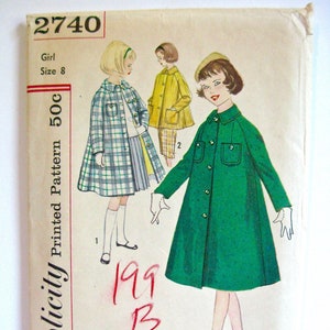Vintage 1958 Simplicity UNCUT FF Sewing Pattern 2740 Girls sz 8 Breast 26&quot; A Line Swing Coat Trapeze Jacket Outerwear Back Pleat 1950s 50s