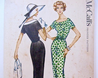 Vintage McCalls Sewing Pattern 4512 1958 sz 14 Modern Size 2 or 4 Bust 34" Misses Slim Skirt Wiggle Dress 1950s 50s Portrait Collar Bow Belt