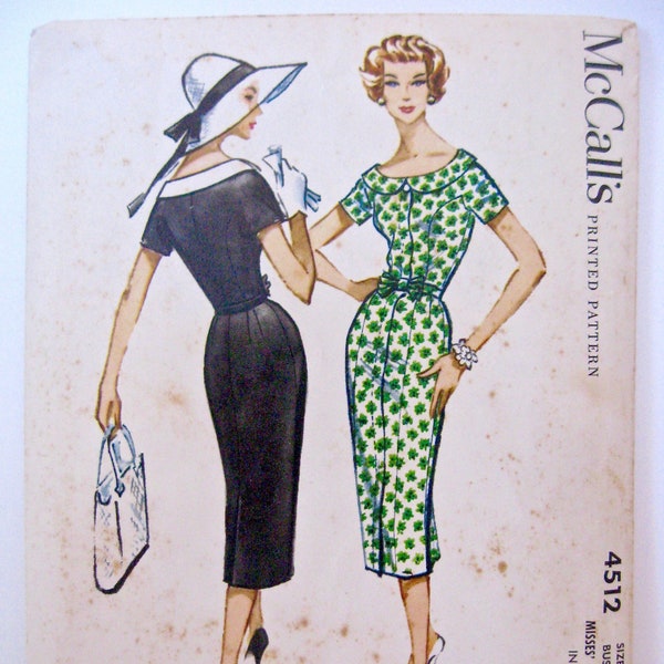 Vintage McCalls Sewing Pattern 4512 1958 sz 14 Modern Size 2 or 4 Bust 34" Misses Slim Skirt Wiggle Dress 1950s 50s Portrait Collar Bow Belt