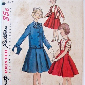 Vintage Simplicity Sewing Pattern 1479 1955 sz 7 Breast 25&quot; Girls 3pc Suit Jacket Suspender Dress Jumper & Blouse Peter Pan Collar 1950s 50s
