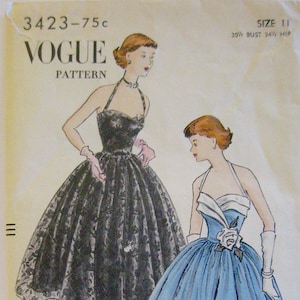 Vintage Vogue Sewing Pattern 3423 1952 Halter Evening Gown Cocktail Dress Full or Tea Length sz 11 Junior Complete Dior New Look 1950s 50s