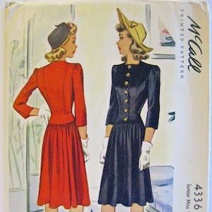 Vintage McCalls Sewing Pattern 4336 1940s Day Dress 3/4 Sleeves Dropped Waist Junior sz 13 Bust 31&quot; Military WW2 40s 1941 Shoulder Pads