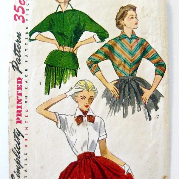 Vintage Simplicity 50s 1952 Sewing Pattern 4010 sz 14 Modern Size 0 2 Bust 32" Misses Blouse Detachable Collar Cuffs & Scarf Overblouse Tie