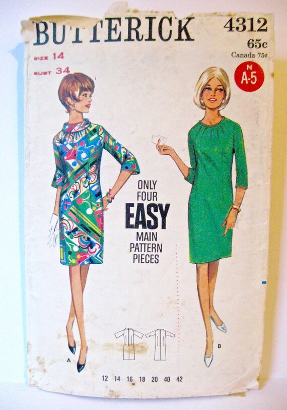 Vintage Butterick 60s 1960s EASY Sewing Pattern 4312 Sz 14 Etsy Australia