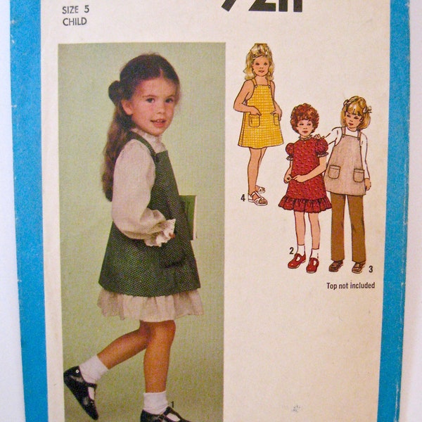 Simplicity 1979 Vintage Sewing Pattern 9211 UNCUT FF sz 5 Breast 24" Girls Dress Jumper Pinafore Pants Sundress Pockets Calico 1970s 70s