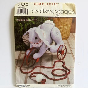 Vintage Simplicity Sewing Pattern 7830 1986 Uncut FF Stuffed Rabbit Pull Toy Bunny Craft Wheeled Old Fashioned Victorian Stuffie Animal