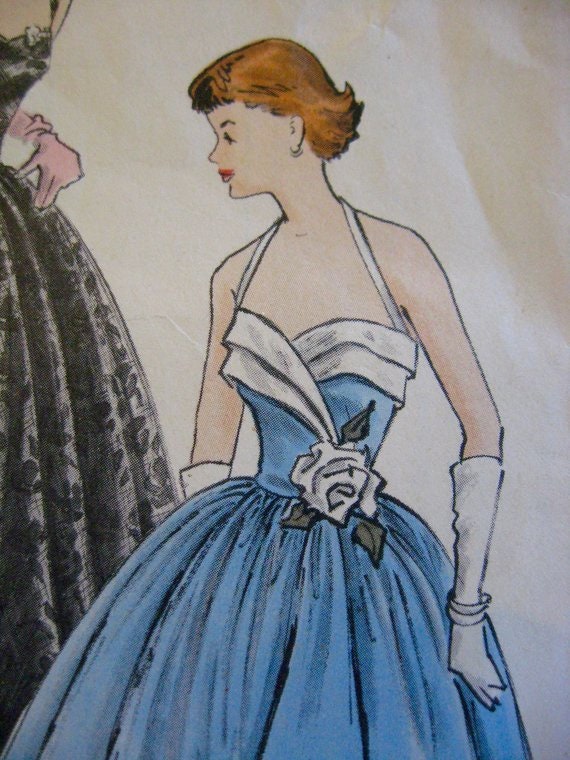 Vintage Vogue Sewing Pattern 3423 1952 Halter Evening Gown Cocktail Dress  Full or Tea Length Sz 11 Junior Complete Dior New Look 1950s 50s 