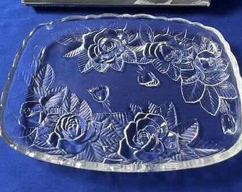 Vintage Soga Japan Mid Winter Glass Rose Plate | Heavy Duty Crystal Oblong Platter | Rose Patterned Cheese and Fruit Serving Dish