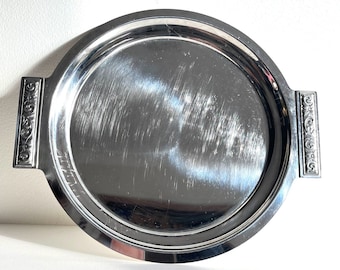 Vintage Stainless Steel Round Tray | Japanese Silver Tray with Floral Embossed Handles | Classic Drinks Tray | Elegant Display Tray