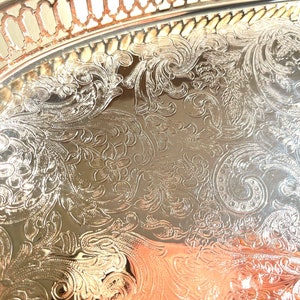 Classic Vintage Silver Etched Tray with Cut Out Pattern detail