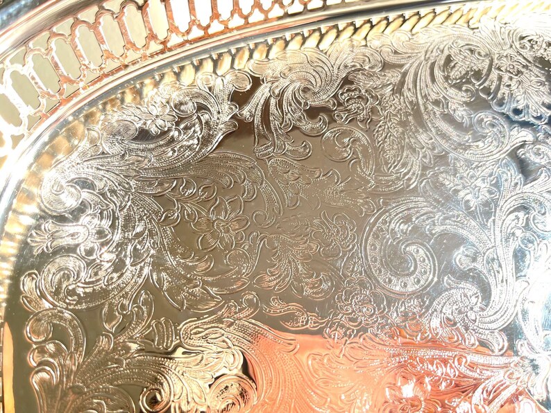 Classic Vintage Silver Etched Tray with Cut Out Pattern detail